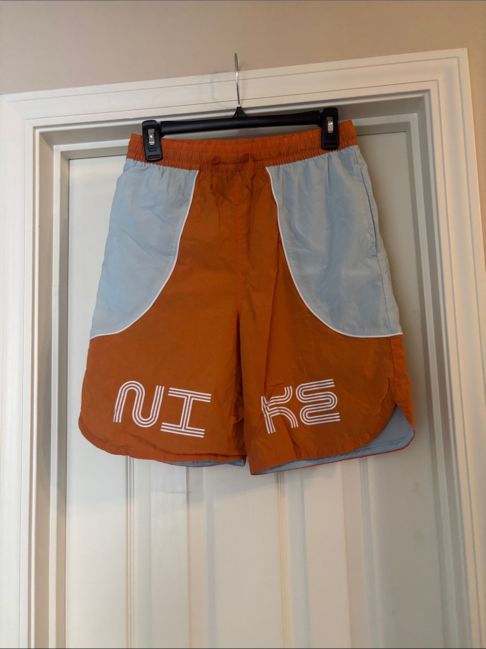 Orange and Light Blue swim trunks Bold Nike Logo boys XL